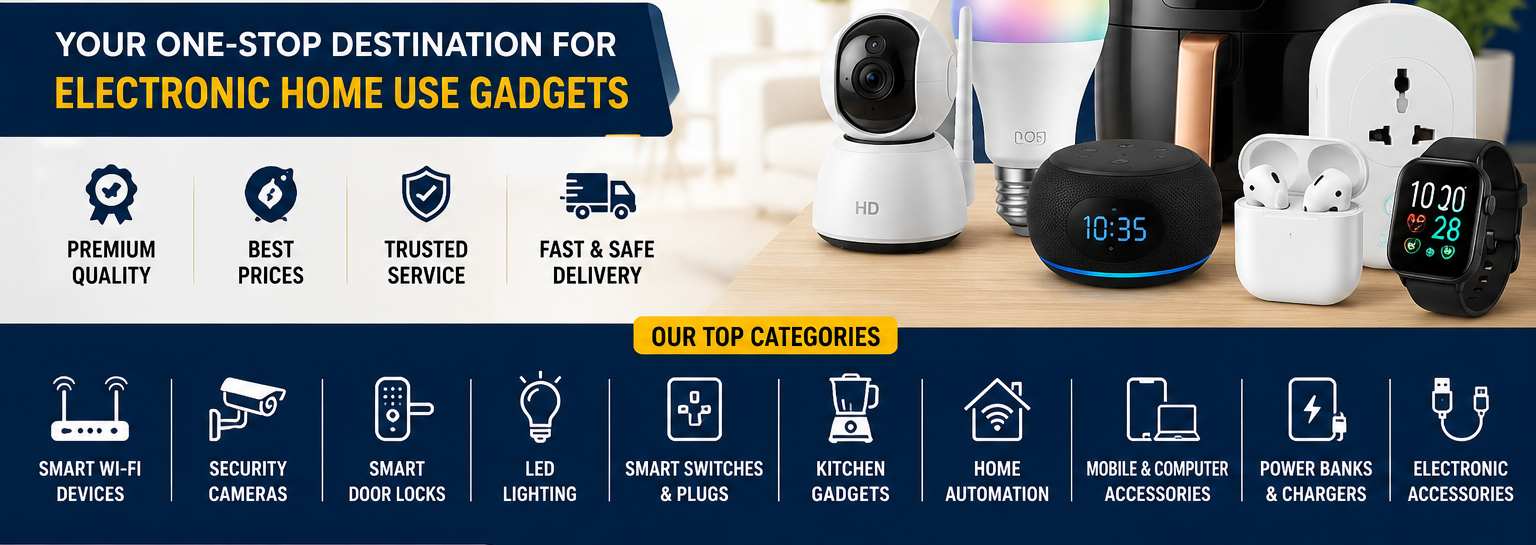 A promotional banner for 'KAYAL SMART HOME' showcasing various smart home gadgets including a security camera, smart bulb, smart speaker, smart plugs, and smart locks on a light wood background, with a dark blue and yellow footer detailing product categories and contact information.